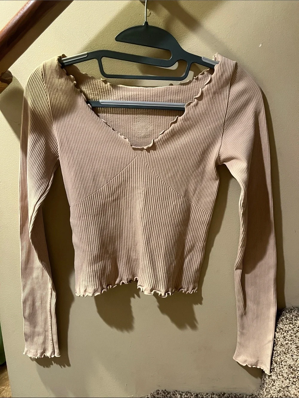 Free People Ribbed Lettuce-Edge Long Sleeve Top in Light Blush